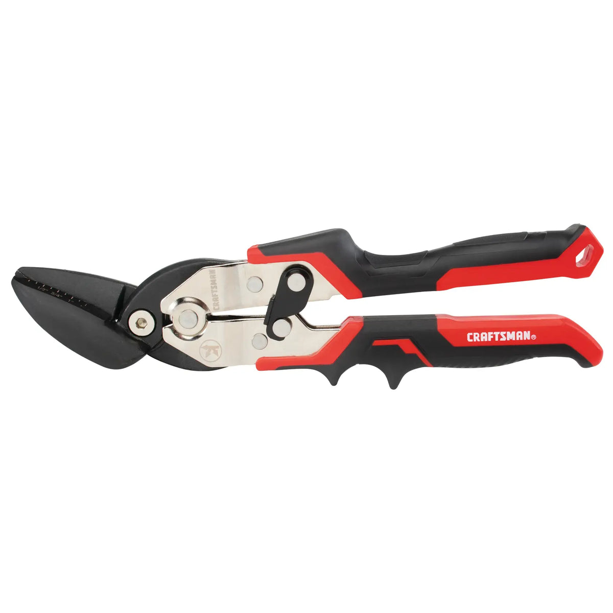 Photo of CRAFTSMAN CMHT73559 aviation snips with black serrated blade and red and black ergonomic handles, side angle.