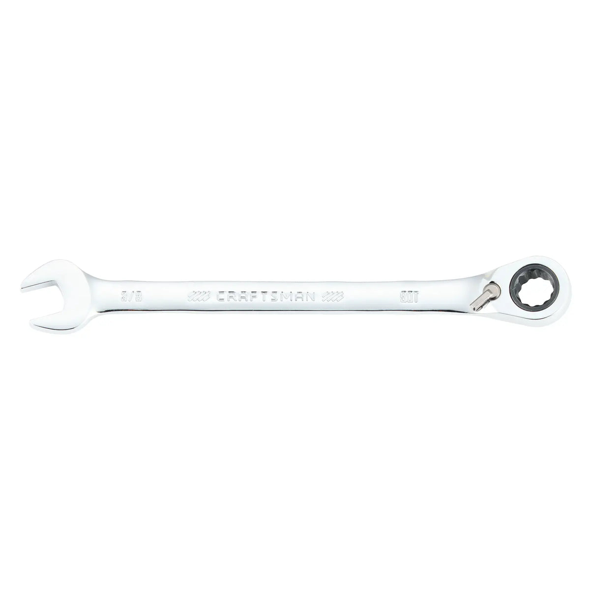 Photo of CRAFTSMAN CMMT42413 ratcheting combination wrench, chrome finish, open-end and box-end, side angle on white.