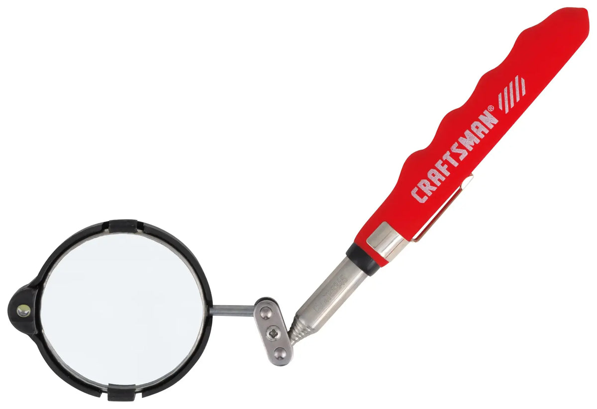 Photo of Craftsman inspection mirror with red handle, SKU CMMT98345, shown from top angle on white background.