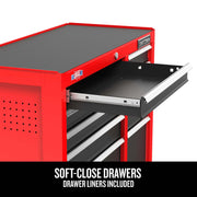Craftsman red tool chest CMST98271RB, front angle with open soft-close drawer and liners visible.